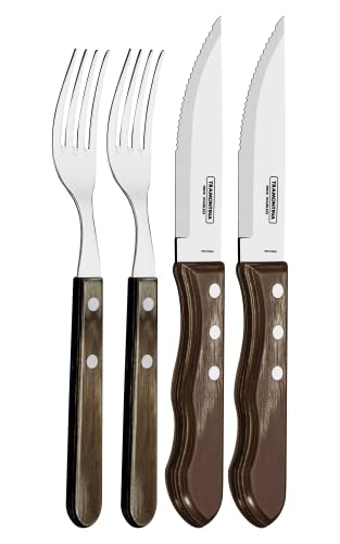 Tramontina Jumbo Steakbesteck, Set 4-teilig, mit 2 Steakmessern und 2 Steakgabeln, Edelstahl, Holzgriff, FSC von Tramontina