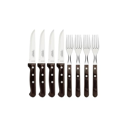 Tramontina Steakbesteck Gaucho, Set 8-teilig, mit 4 Steakmessern und 4 Steakgabeln, Edelstahl, Echtholzgriff, FSC, Brauner Echtholzgriff von Tramontina