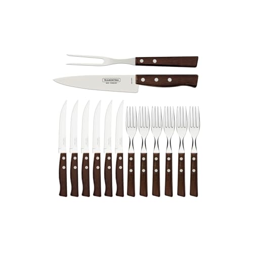 Tramontina 22299/011 Steakbesteck-Set, 14-teilig mit Naturholzgriffen 2- beziehungsweise, 3-Fach vernietet von Tramontina