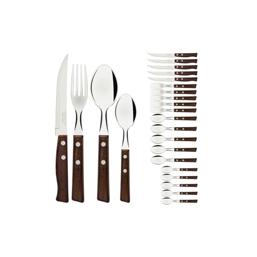 Tramontina Besteckset TRADICIONAL für 6 Personen, 24-teilig, Steakbesteck, Steakmesser mit Wellenschliff, Menügabeln, Menülöffel, Kaffeelöffel, Naturholzgriffe von Tramontina