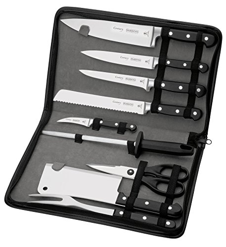 Tramontina CENTURY Messer, 10 teiliges Set, bestückte Messertasche inkl. Wetzstahl, Schere und Fleischgabel - Klingen aus hochlegiertem Chrom-Molybdän Stahl, Sub-Zero, Schwarz von Tramontina