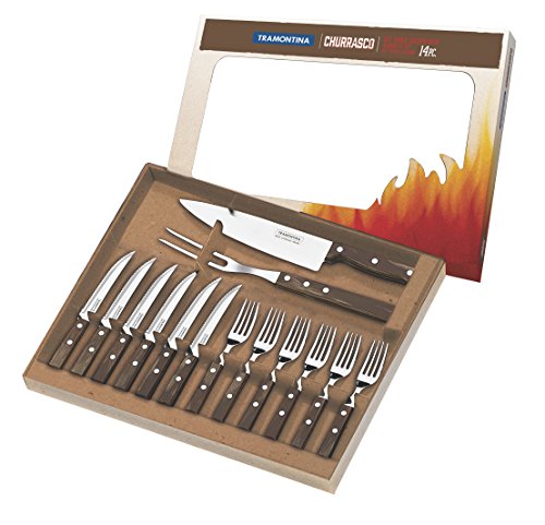 Tramontina Grillbesteck Set, 14-teilig, Edelstahl, Grillset mit Steakbesteck, Tranchiergabel und Tranchiermesser, FSC von Tramontina