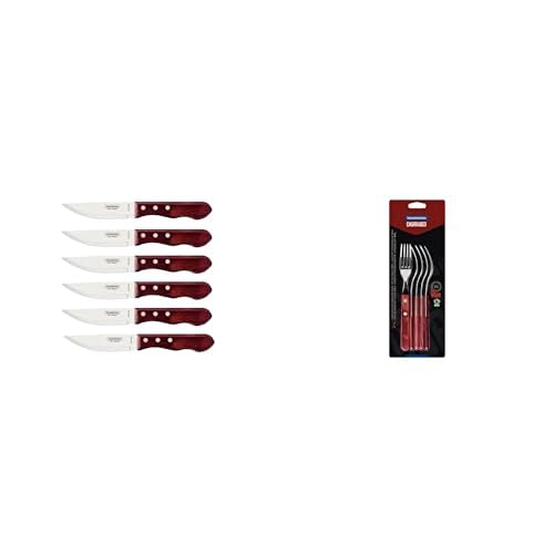 Tramontina JUMBO Steakmesser-Set, rostfreiem Edelstahl, spülmaschinenfest, Griffe aus Echtholz, FSC, (6-teilig, Rot) & Steakgabel Pizzagabel, Set, 6-teilig, Edelstahl, FSC, roter Holzgriff, 20 von Tramontina