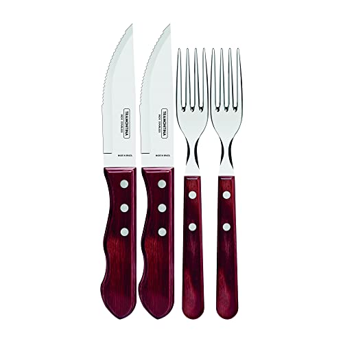 Tramontina Jumbo Steakbesteck, Set 4-teilig, mit 2 Steakmessern und 2 Steakgabeln, Edelstahl, Holzgriff, FSC (Rot) von Tramontina