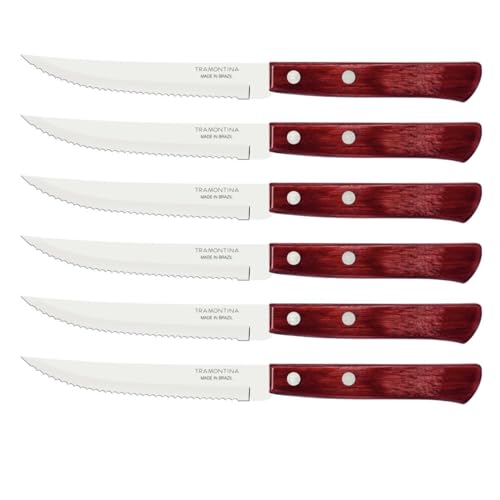 Tramontina Steakmesser, Pizzamesser, Set 6-teilig, 6 Steakmessern aus Edelstahl, Holzgriff rot FSC von Tramontina