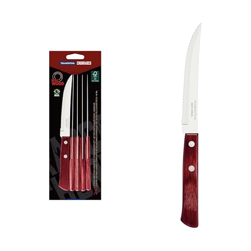 Tramontina Steakmesser, Pizzamesser, Set 6-teilig, 6 Steakmessern aus Edelstahl, Holzgriff rot FSC von Tramontina