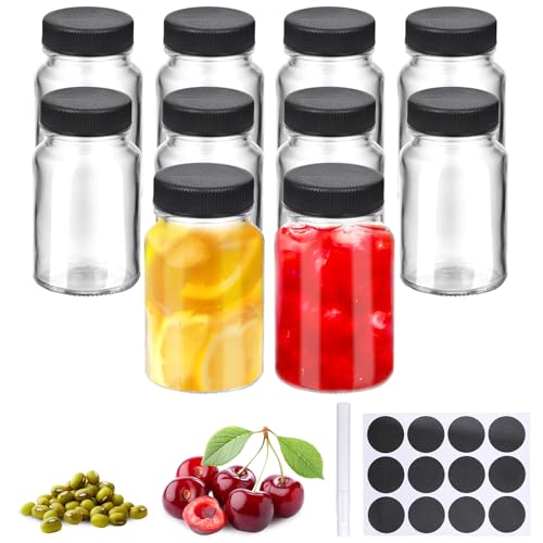 TranRantic 10 Stück Kleine Shot Flaschen zum Befüllen, Shot Gläser mit Deckel, Kleine Glasflaschen, Mehrweg Mini Shot Glasflaschen, 60ml Breiter Mund Shotgläser für Saft Soße Schnaps Ingwer (Schwarz) von TranRantic
