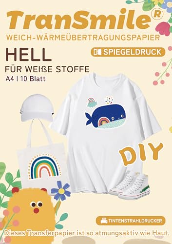 TRANSMILE (10 Blatt, A4 Inkjet PU-Transferpapier für helle T-Shirts, bedruckbares Wärmetransfer-Vinyl, Transferfolie zum Aufbügeln für Tintenstrahldrucker,Spiegeldruck (DTM-2-1.0) von TRANSMILE