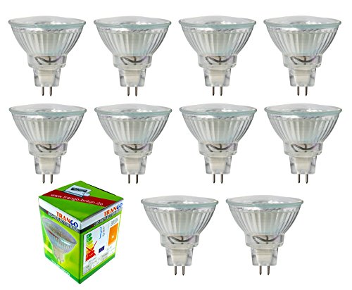 Trango 10er Set MR16030 LED Leuchtmittel mit MR16 Fassung zum Austausch von herkömmlichen Halogen Leuchtmittel MR16 I GU5.3 I G4 12 Volt 3000K warm-weiß Glühlampe, Reflektor Lampe von Trango