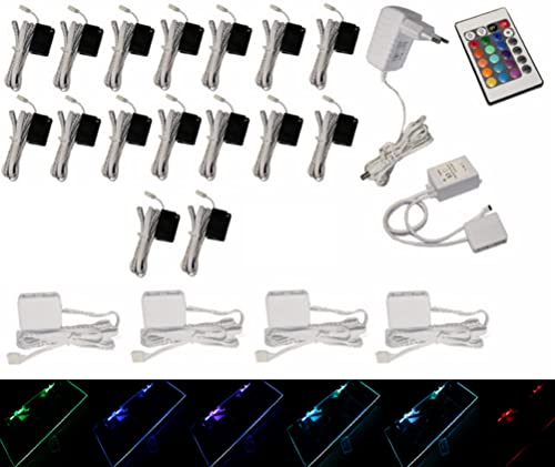 Trango 16er Set RGB Farbwechsel LED Glaskantenbeleuchtung inkl. Fernbedienung TG5022-16 Schrankbeleuchtung I Glasbodenbeleuchtung I Vitrinenbeleuchtung I LED Clips I Möbelbeleuchtung von Trango