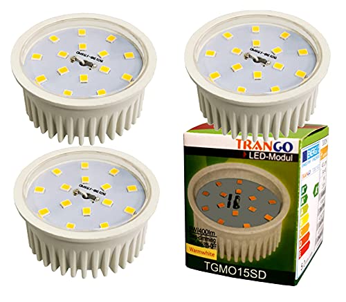 Trango 3er Pack MO15SD*3 Ultra flach 5Watt 3 Stufen dimmbar LED Modul 3000K warmweiß zum Austauschen GU10 & MR16 Halogen Leuchtmittel, Einbauleuchten, Deckenstrahler, Einbaustrahler, Deckenleuchte Trango 3er Pack MO15SD*3 Ultra flach 5Watt 3 Stufen dimmbar LED Modul 3000K warmweiß zum Austauschen GU10 & MR16 Halogen Leuchtmittel, Einbauleuchten, Deckenstrahler, Einbaustrahler, Deckenleuchte von Trango