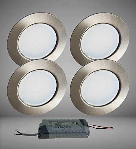 Trango 4er Set G4E-042T dimmbar LED Möbel Einbaustrahler 12Volt AC/DC inkl. 1x LED-Trafo (12 Volt AC) in Edelstahl-Optik, Deckenleuchte zum Austausch G4 Halogen Möbelleuchten, Küchenhaube-Leuchten von Trango