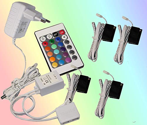 Trango RGB Farbwechsel LED-Glaskantenbeleuchtung inkl. Fernbedienung Schrankbeleuchtung I Glasbodenbeleuchtung I Vitrinen Beleuchtung I LED Clips I Möbelbeleuchtung (4er Set) von Trango