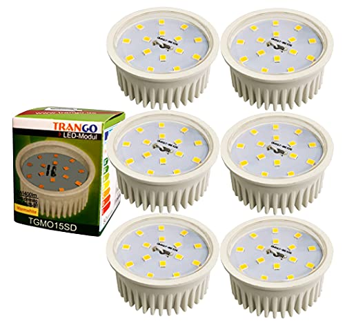 Trango 6er Pack MO15SD*6 Ultra flach 5Watt 3 Stufen dimmbar LED Modul 3000K warmweiß zum Austauschen GU10 & MR16 Halogen Leuchtmittel, Einbauleuchten, Deckenstrahler, Einbaustrahler, Deckenleuchte von Trango