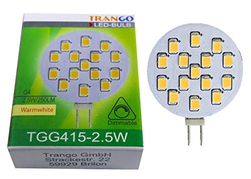 Trango 1er Set G415-2.5W G4 LED Leuchtmittel zum Austausch G4 MR16 Halogen Leuchtmittel 12Volt AC/DC - 2.5 Watt 250 Lumen 3000K warmweiß Möbel Einbaustrahler, Schrank Einbauleuchte, Deckenleuchte von Trango