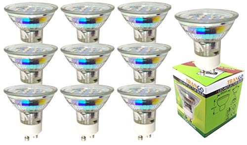 Trango 10er Pack 3-Stufen dimmbar GU105SD LED GU10 Leuchtmittel 3000K warmweiß mit GU10 Fassung Einbauleuchten, Deckenstrahler, Einbaustrahler, Deckenlampen zum Austausch Halogen Lampe von Trango