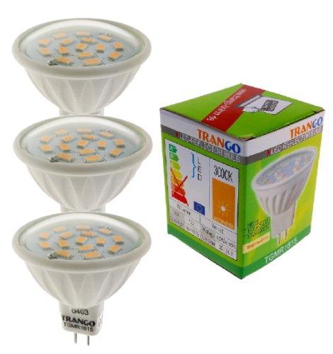 Trango 3er Set 6 Watt LED Leuchtmittel mit MR16 Fassung 3TGMR1615 zum Austausch Halogen Leuchtmittel MR16 I GU5.3 I G4 12 Volt 3000K warmweiß Glühlampe, Reflektor Lampe, LED Birnen von Trango