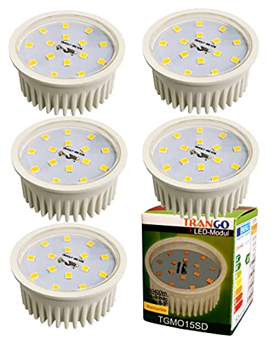 Trango 5er Pack MO15SD*5 Ultra flach 5 Watt dimmbarer LED Modul 3000K warmweiß zum Austauschen GU10 & MR16 Halogen Leuchtmittel für Einbauleuchten, Deckenstrahler, Einbaustrahler, Deckenleuchte, Spots von Trango