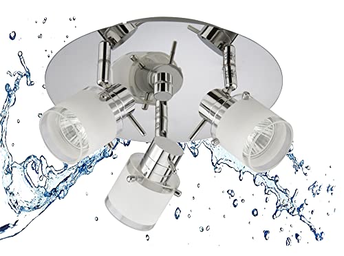 Trango 1006-38R 3-flammig IP44 LED Badleuchte *RONNY* Bad Deckenleuchte mit Glaslampenschirm in Chrom-Optik Rondell, Deckenstrahler inkl. 3x 5 Watt GU10 LED Leuchtmittel, Spots schwenkbar & drehbar von Trango