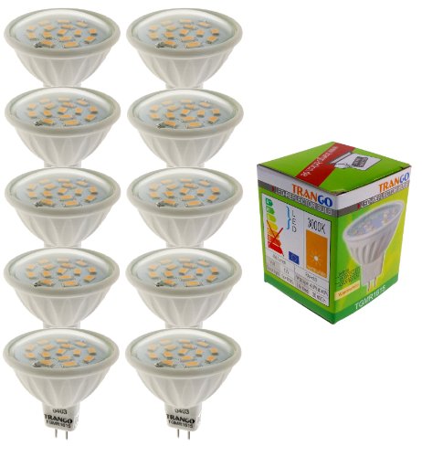 Trango 10er Set 6 Watt LED Leuchtmittel MR1615*10 mit MR16 Fassung zum Austausch Halogen Leuchtmittel MR16 I GU5.3 I G4 12 Volt 3000K warmweiß Glühlampe, Reflektor Lampe, LED Birnen von Trango