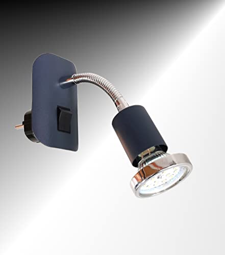 Trango 11-055 LED Steckerleuchte im Anthrazit-Schwarz mit Deko-Chrom Ring, Steckerlicht, Nachtlicht inkl. je 1x GU10 3000K warmweiß LED Leuchtmittel & ON/OFF Schalter Leselampe, Wandlampe von Trango