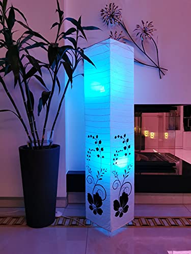 Trango 1210RGB Stehlampe *GREECE* Papierlampe *HANDMADE* in Eckig weiß mit floralem Motiv - inkl. 2x E14 LED Leuchtmittel mit Farbwechsel Farbsteuerung per Fernbedienung & warmweiß - Höhe: ca. 125cm von Trango