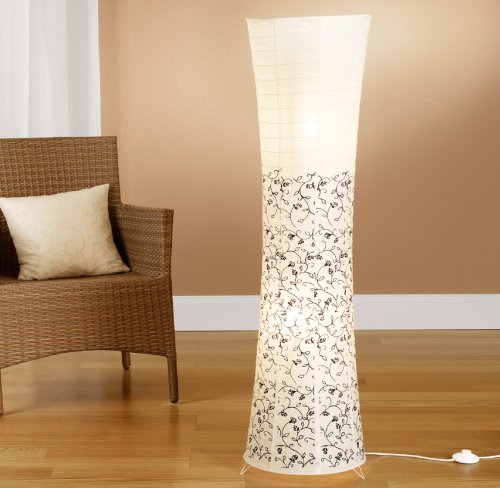 Trango 1240L Design Stehlampe *KOS* Reispapierlampe *HANDMADE* in weiß mit floralem Motiv inkl. 2x 5 Watt E14 LED Leuchtmittel - Form: Rund - Höhe: ca. 125cm Wohnraumlampe - Stehleuchte - Reispapier von Trango