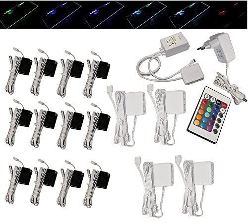 Trango 14er Set RGB Farbwechsel LED Glaskantenbeleuchtung inkl. Fernbedienung 5022-14 Schrankbeleuchtung I Glasbodenbeleuchtung I Vitrinenbeleuchtung I LED Clips I Möbelbeleuchtung von Trango