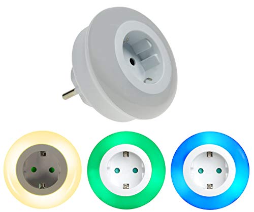 Trango 1er Set 11-053 LED Nachtlicht mit Steckdose Orientierungslicht, Nachtlampe incl. Helligkeits- Dämmerungssensor & Touchschalter für drei LED Farbeinstellung warmweiß-blau-Grün Sicherheitslicht von Trango