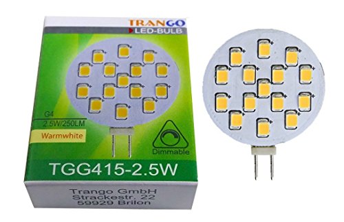 Trango G415-2.5 LED Leuchtmittel G4 2,5W = 25W herkömmlichen Leuchtmittel, 250 Lumen, 3000K Warmweiß, 12V AC/DC LED Lampe für Möbel Einbaustrahler, Schrankleuchte, Deckenleuchte von Trango