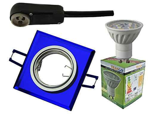 Trango 1er Set LED Einbaustrahler 6736B-01GUSD aus blaues Glas & Alu inkl. 1x 5 Watt 3-Stufen dimmbar GU10 LED 3000K warmweiß Einbauleuchte Deckenstrahler Einbauspots von Trango