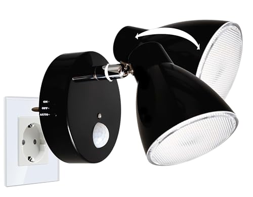 Trango 2635-015 LED Steckdose Sensor Nachtlicht *MILO* mit Bewegungsmelder Automatikfunktion in Schwarz Sicherheitslicht direkt 230V Steckdose Lampe, Wandlampe, Nachtlampe, Steckdosenlicht von Trango