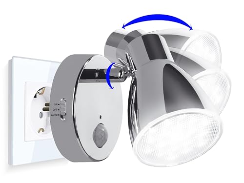 Trango 2635-018 LED Sensor Nachtlicht in Chrom mit Automatikfunktion direkt 230V mit Bewegungssensor I Sicherheitslicht I Steckdose Lampe I Wandlampe I Orientierungslicht I Kinder Nachtlicht von Trango