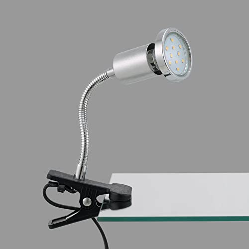 Trango 2967 LED-Klemmleuchte *EASY* Tischlampe, Leseleuchte, Clip Lampe in Silber-Chrom-Optik Klemmspot, Nachtlicht, Schreibtischlampe inkl. 1x GU10 3000K warmweiß LED-Leuchtmittel & Deko Chrom-Ring von Trango