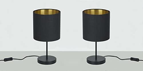 Trango 2er Pack 2018-10B Nachttischlampe *SOUL* Stoffschirm in Schwarz-Gold inkl. Kabelschalter & E27 Fassung Fenster Lampe, Nachttischleuchte, Schreibtischleuchte, Tischlampe ohne Leuchtmittel von Trango