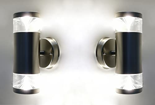 Trango 2er Pack 8003-HP Up & Down Wandlampe IP44 inkl. je 2x 3000K warmweiß GU10 LED Leuchtmittel - Wandstrahler aus Edelstahl gebürstet in Rund als innen & außen, Außenwandleuchte, Außenstrahler von Trango