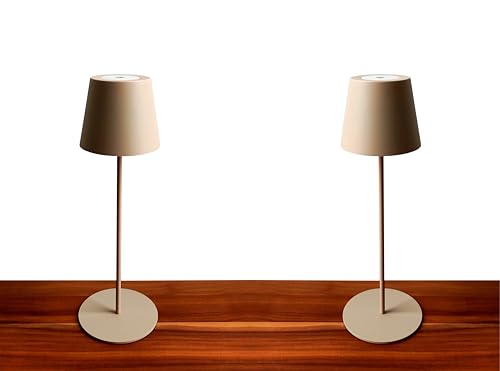 Trango 2er Pack Beige LED Tischlampe 2017-03C kabellos stufenlos dimmbar 3 Watt 2700K warmweiß IP44 Spritzwassergeschützt Tischleuchte Akku Aufladbar für Schlafzimmer Garten Restaurant Bar Camping von Trango