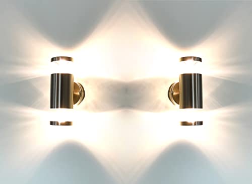 Trango 2er Pack 8003-HP Up & Down Wandlampe IP44 inkl. je 2x 3000K warmweiß GU10 LED Leuchtmittel - Wandstrahler aus Edelstahl gebürstet in Rund als innen & außen, Außenwandleuchte, Außenstrahler von Trango