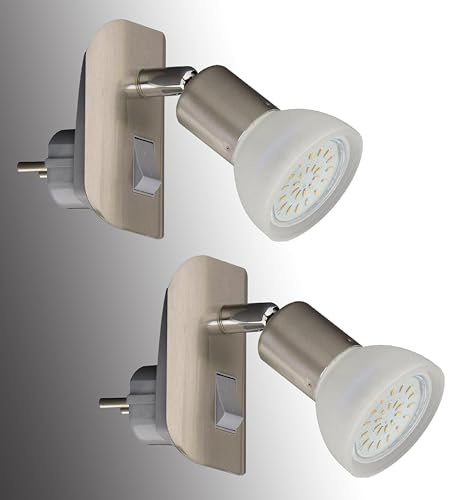 Trango 2er Pack 11-242 LED Steckerlicht in Nickel matt mit Glasschirm Steckerleuchte inkl. je 1x GU10 LED Leuchtmittel 3000K warmweiß & Kippschalter Leselampe, Küchenlampe, Steckdosenlampe, Wandlampe von Trango