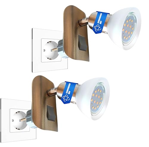 Trango 2er Pack 11-242 LED Steckerlicht in Nickel matt mit Glasschirm Steckerleuchte inkl. je 1x GU10 LED Leuchtmittel 3000K warmweiß & Kippschalter Leselampe, Küchenlampe, Steckdosenlampe, Wandlampe von Trango
