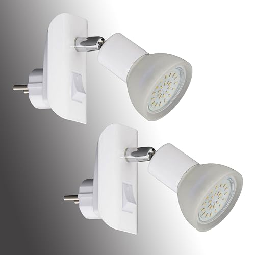 Trango 2er Pack LED Steckerleuchte 11-246 in Weiß mit Glas Lampenschirm, Stecker-Nachtlicht incl. je 1x GU10 3000K warmweiß LED Leuchtmittel & ON/OFF Schalter Leselampe, Küchenlampe von Trango