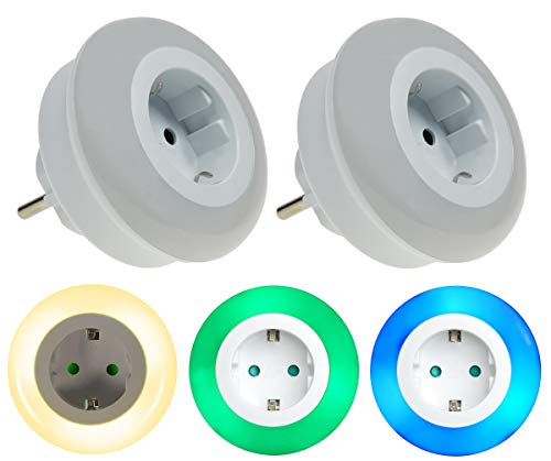 Trango 2er Set 11-253 LED Nachtlicht mit Steckdose Orientierungslicht, Nachtlampe incl. Helligkeits- Dämmerungssensor & Touchschalter für drei LED Farbeinstellung warmweiß-blau-Grün Sicherheitslicht von Trango