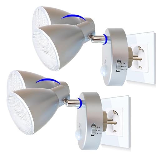 Trango 2er Set 2635-024 LED Sensor Nachtlicht in Silber *MILO* mit Bewegungssensor & Automatikfunktion Sicherheitslicht 230V Steckdosenlampe, Wandlampe, Orientierungslicht, Nachtlampe, Steckdosenlicht von Trango
