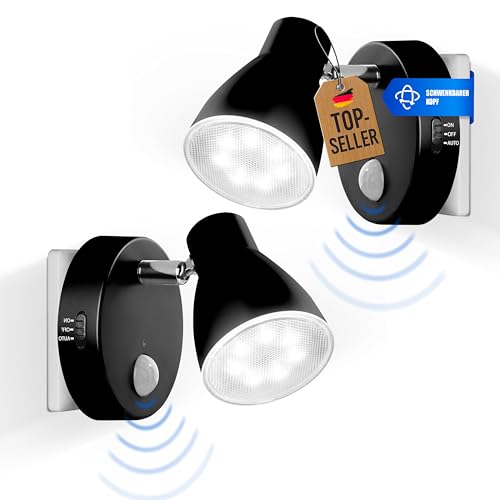 Trango 2er Set 2635-025 LED Nachtlicht MILO – Schwarz, mit Bewegungsmelder & Dämmerungssensor, Automatikfunktion, 230V Steckdosenlicht, drehbar & schwenkbar, Sicherheits- & Orientierungslicht von Trango