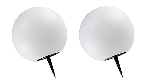 Trango 2er Set SO-003 IP65 LED-Solarleuchte in 30cm Durchmesser Weiß matt mit 3000K warmweiß LED & RGB Farbwechsel LED *SNOWY* Solarkugel, Leuchtkugel, Außenleuchte, Kugellampe, Gartenleuchte, Ball von Trango