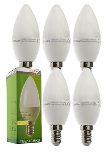 Trango 5er Pack E14035KD*5 LED Birne 3-Stufen dimmbar - 5 Watt - 400 Lumen 3000K Warmweiß - Ersatz für 40W Glühbirne - Kerzen LED Lampe Leuchtmittel mit E14 Fassung Abstrahlwinkel 170° Trango 5er Pack E14035KD*5 LED Birne 3-Stufen dimmbar - 5 Watt - 400 Lumen 3000K Warmweiß - Ersatz für 40W Glühbirne - Kerzen LED Lampe Leuchtmittel mit E14 Fassung Abstrahlwinkel 170° von Trango