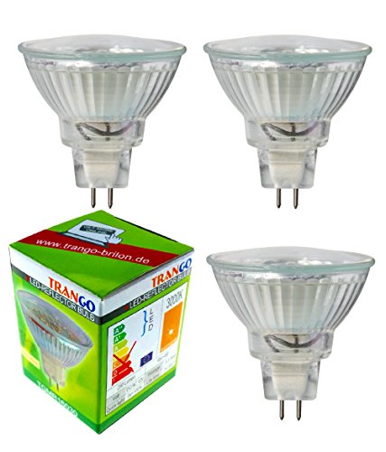 Trango 3er Set MR16030 LED Leuchtmittel mit MR16 Fassung zum Austausch herkömmlicher Halogen Leuchtmittel MR16 I GU5.3 I G4 12 Volt 3000K warmweiß Glühlampe, Reflektor Lampe von Trango