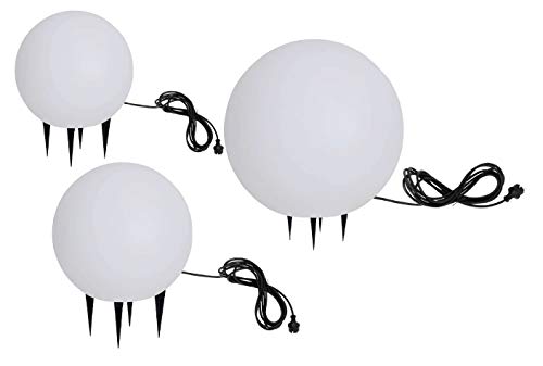 Trango 3er Set 202540WB IP65 Gartenkugel in Weiß matt mit 20/25/40cm Durchmesser *SNOW* Kugelleuchte inkl. je 1x 4-5 Watt E27 LED Leuchtmittel & je ca. 5 Meter IP44 Kabel, Gartenleuchte, Leuchtkugel von Trango