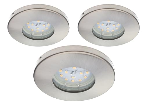 Trango 3er Set IP44 Einbaustrahler 6729IP-032-5WAK Edelstahl gebürstet inkl. 3x 5 Watt GU10 LED Leuchtmittel 3000K warmweiß & Fassung für Bad, Außen, Dusche Einbauleuchte, Badleuchte, Deckenstrahler von Trango