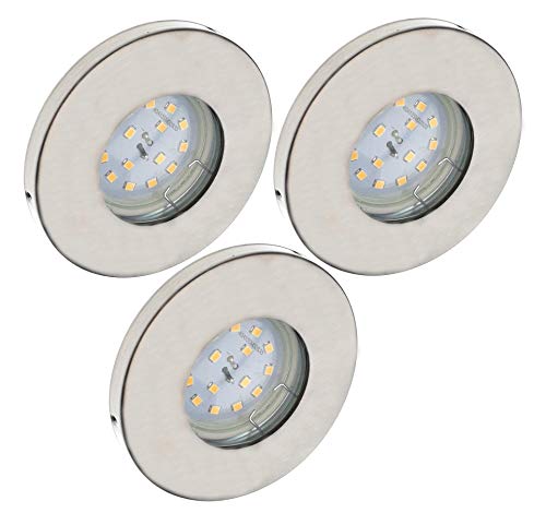 Trango 3er Set 6729IP65-032MOSD IP65 Einbaustrahler aus Edelstahl gebürstet inkl. 3x 5 W 3-Stufen dimmbar 3000K warmweiß Ultra Flach LED Modul, Dusche, Bad Einbauspots, Deckenstrahler, Deckenlampe von Trango